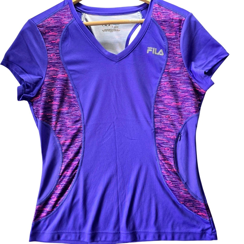 Fila Sport Womens Size L Running Shirt Cut‎ Out Back Zip Pocket Purple Space Dye